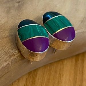 Vintage Malachite and Onyx Mexico 925 silver earrings
